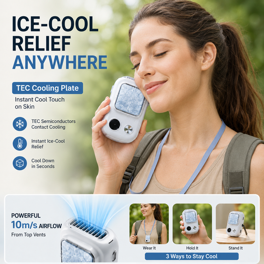 TEC Ice Cooling Portable Fan – Wearable Handheld Desk Fan for Summer Travel & Outdoor Use