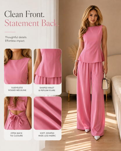 2026 Summer New Sleeveless Open-Back Tie Top + Draped Wide-Leg Pants Two-Piece Set