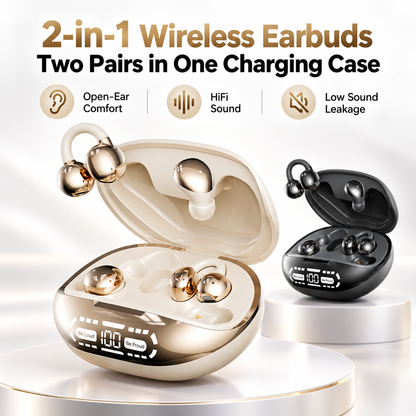 2-in-1 Open Ear Wireless Earbuds with Smart Charging Case – HiFi Sound, Bluetooth 6.0, 42H Battery & Ultra-Light Comfort
