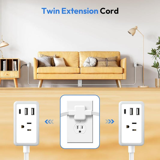 Twin Extension Cord Splitter 12 / 18 FT, with 6ft Dual Extension Cord on Each Side 3 Widely Outlets, Double Extension Cord for Home Office Dorm Room